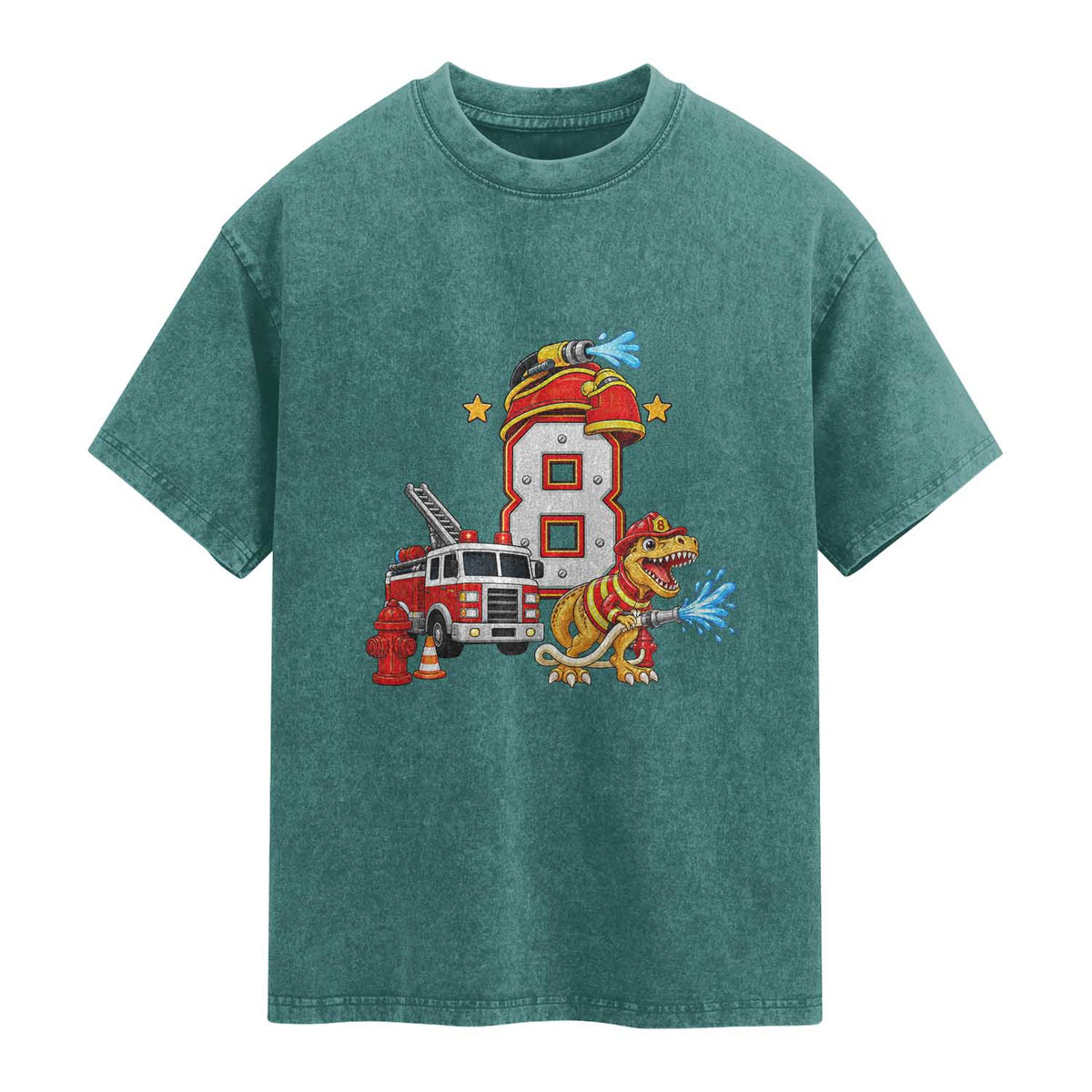 8th Birthday Firefighter Dinosaur Washed Cotton T-Shirt Fire Engine Eight Year Old Party Kids