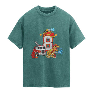 8th Birthday Firefighter Dinosaur Washed Cotton T-Shirt Fire Engine Eight Year Old Party Kids