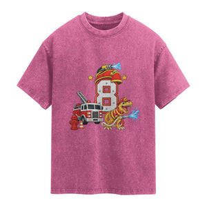 8th Birthday Firefighter Dinosaur Washed Cotton T-Shirt Fire Engine Eight Year Old Party Kids