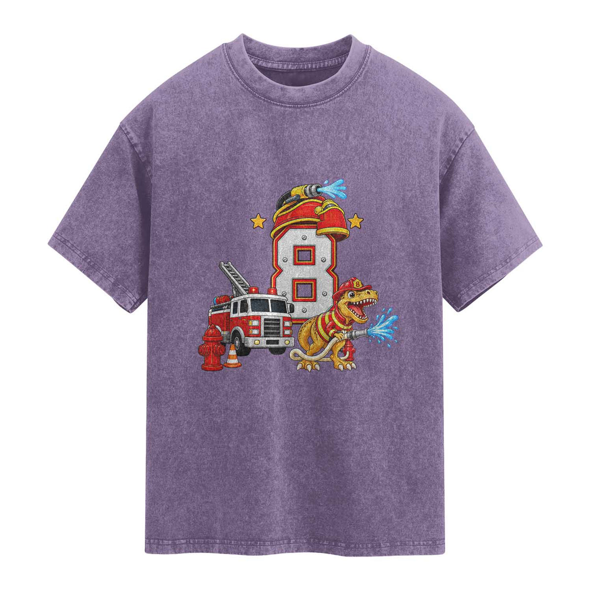 8th Birthday Firefighter Dinosaur Washed Cotton T-Shirt Fire Engine Eight Year Old Party Kids