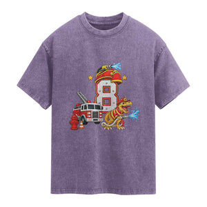 8th Birthday Firefighter Dinosaur Washed Cotton T-Shirt Fire Engine Eight Year Old Party Kids