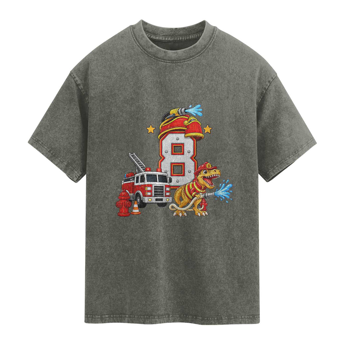 8th Birthday Firefighter Dinosaur Washed Cotton T-Shirt Fire Engine Eight Year Old Party Kids