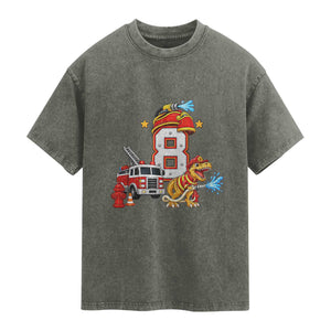 8th Birthday Firefighter Dinosaur Washed Cotton T-Shirt Fire Engine Eight Year Old Party Kids
