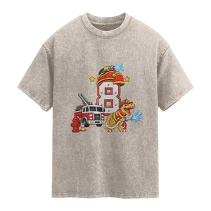 8th Birthday Firefighter Dinosaur Washed Cotton T-Shirt Fire Engine Eight Year Old Party Kids