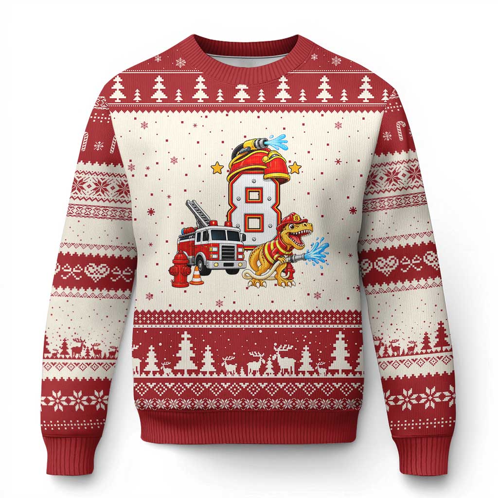 8th Birthday Firefighter Dinosaur Ugly Christmas Sweater Fire Engine Eight Year Old Party Kids
