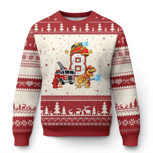8th Birthday Firefighter Dinosaur Ugly Christmas Sweater Fire Engine Eight Year Old Party Kids
