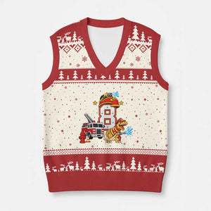 8th Birthday Firefighter Dinosaur V-Neck Knit Sweater Vest Fire Engine Eight Year Old Party Kids