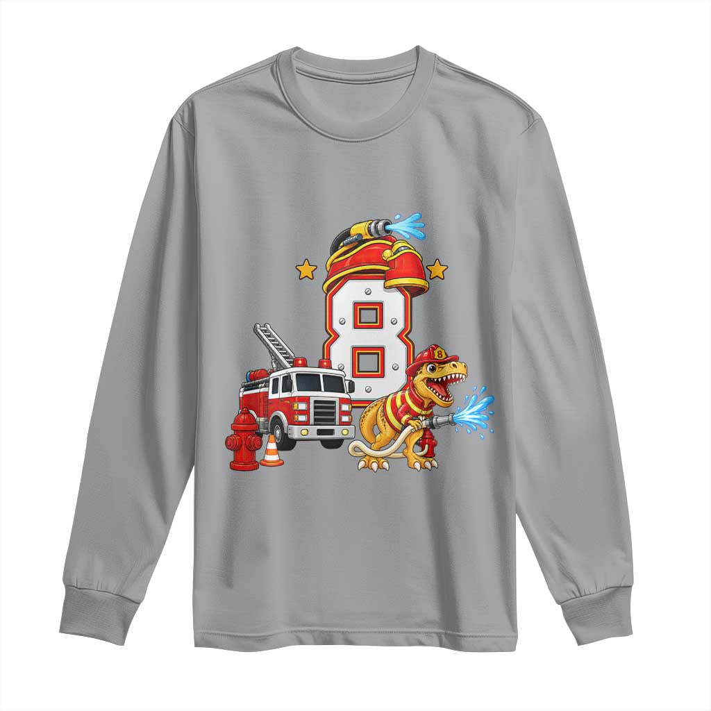 8th Birthday Firefighter Dinosaur Long Sleeve Shirt Fire Engine Eight Year Old Party Kids