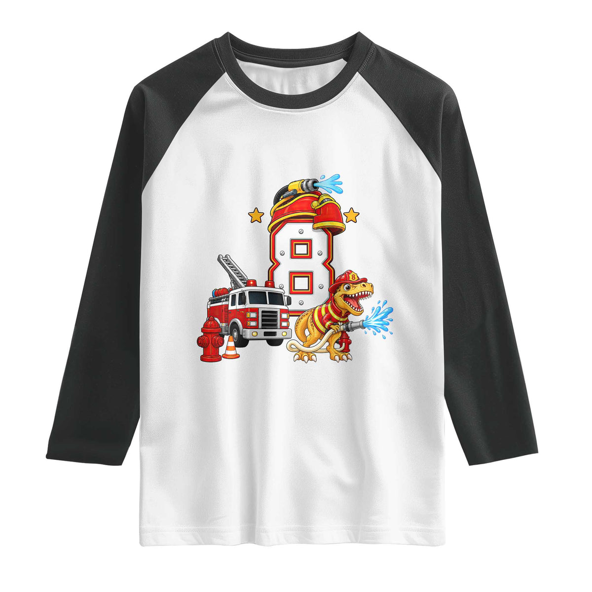 8th Birthday Firefighter Dinosaur Raglan Shirt Fire Engine Eight Year Old Party Kids