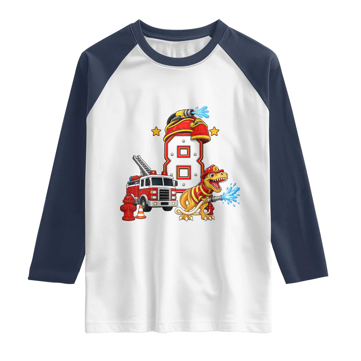 8th Birthday Firefighter Dinosaur Raglan Shirt Fire Engine Eight Year Old Party Kids