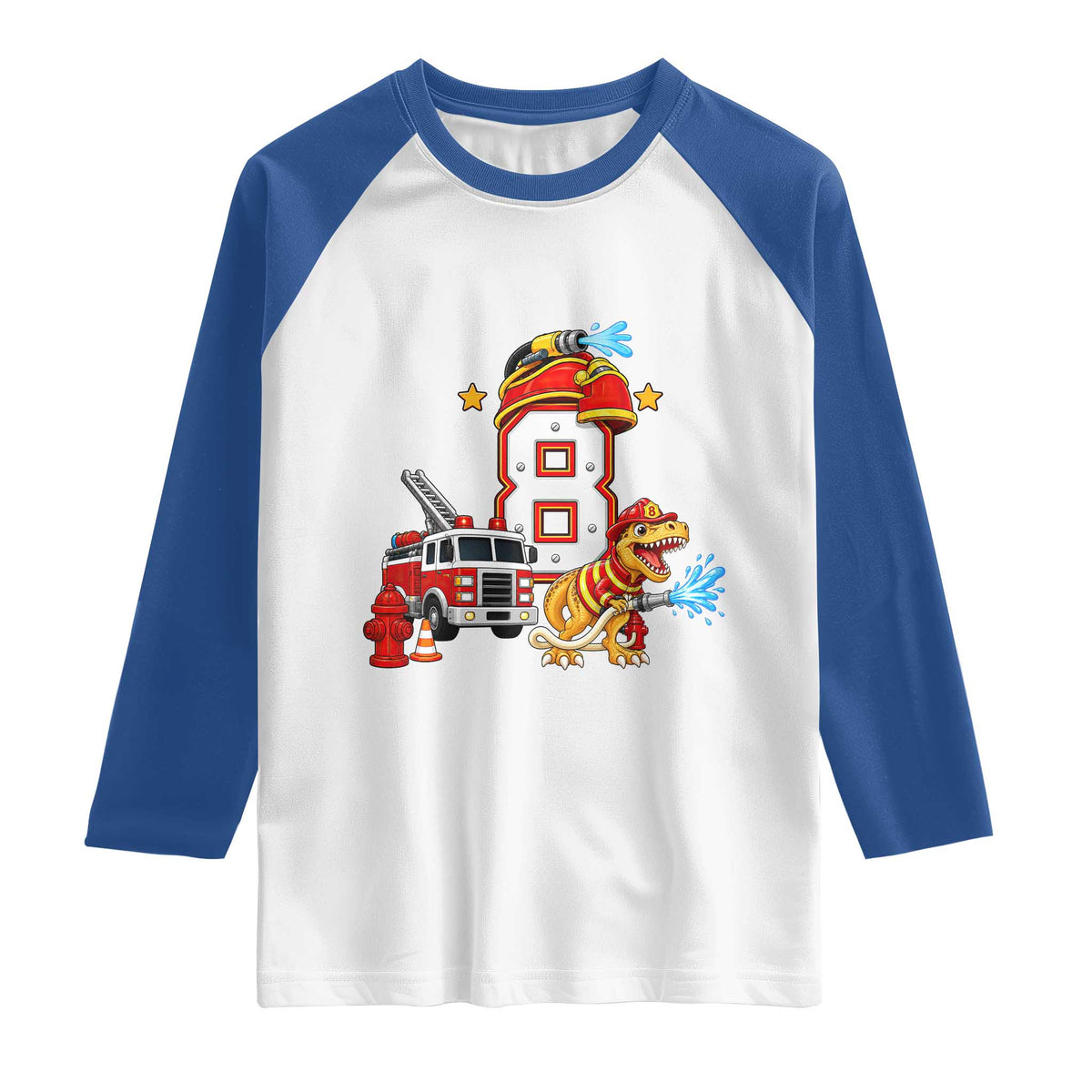 8th Birthday Firefighter Dinosaur Raglan Shirt Fire Engine Eight Year Old Party Kids
