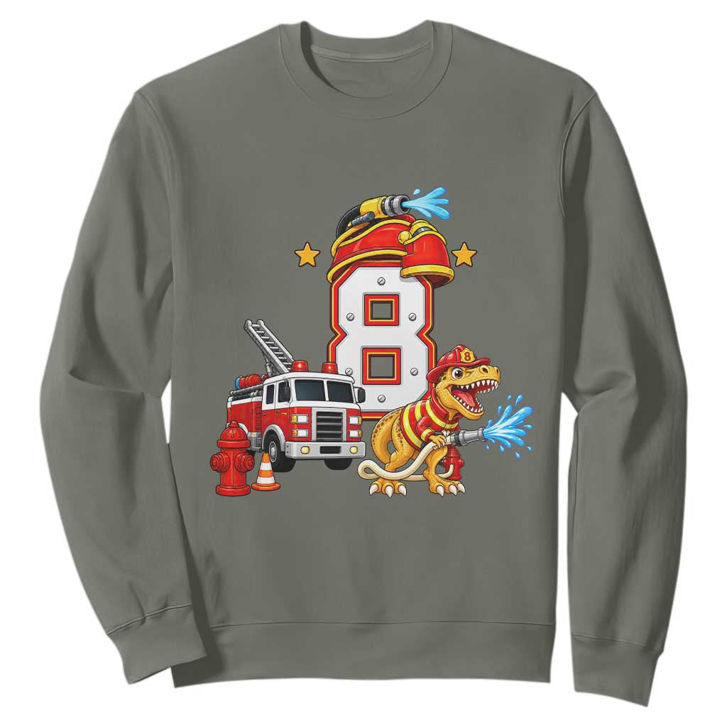 8th Birthday Firefighter Dinosaur Sweatshirt Fire Engine Eight Year Old Party Kids