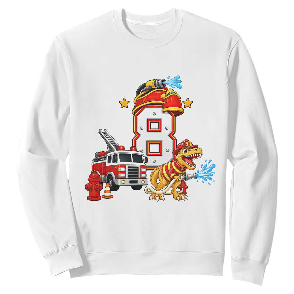 8th Birthday Firefighter Dinosaur Sweatshirt Fire Engine Eight Year Old Party Kids