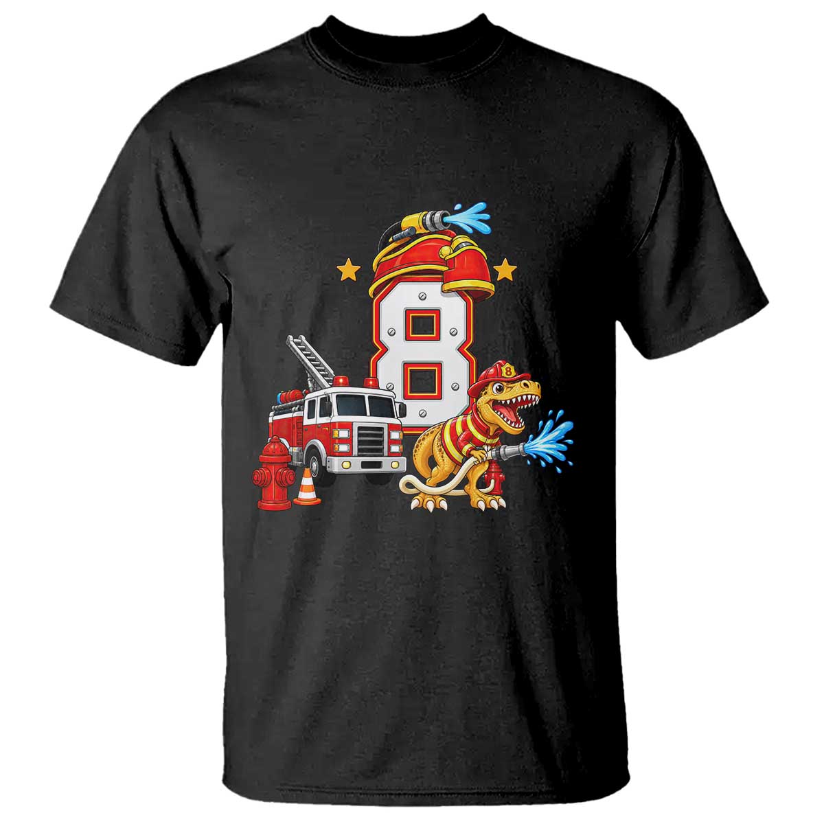 8th Birthday Firefighter Dinosaur T Shirt Fire Engine Eight Year Old Party Kids