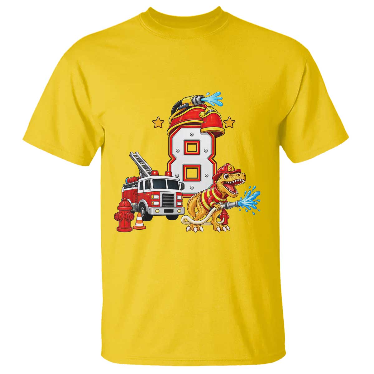 8th Birthday Firefighter Dinosaur T Shirt Fire Engine Eight Year Old Party Kids