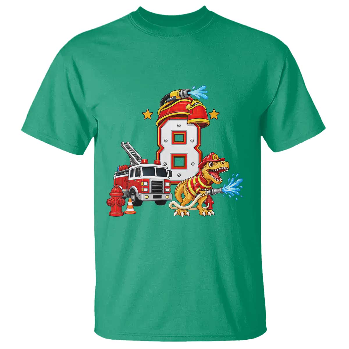 8th Birthday Firefighter Dinosaur T Shirt Fire Engine Eight Year Old Party Kids