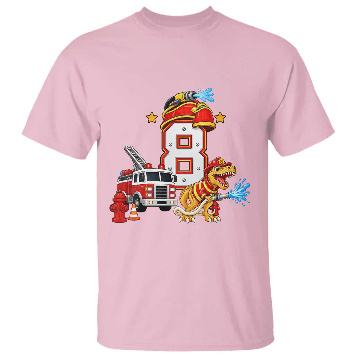 8th Birthday Firefighter Dinosaur T Shirt Fire Engine Eight Year Old Party Kids