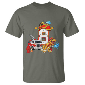8th Birthday Firefighter Dinosaur T Shirt Fire Engine Eight Year Old Party Kids