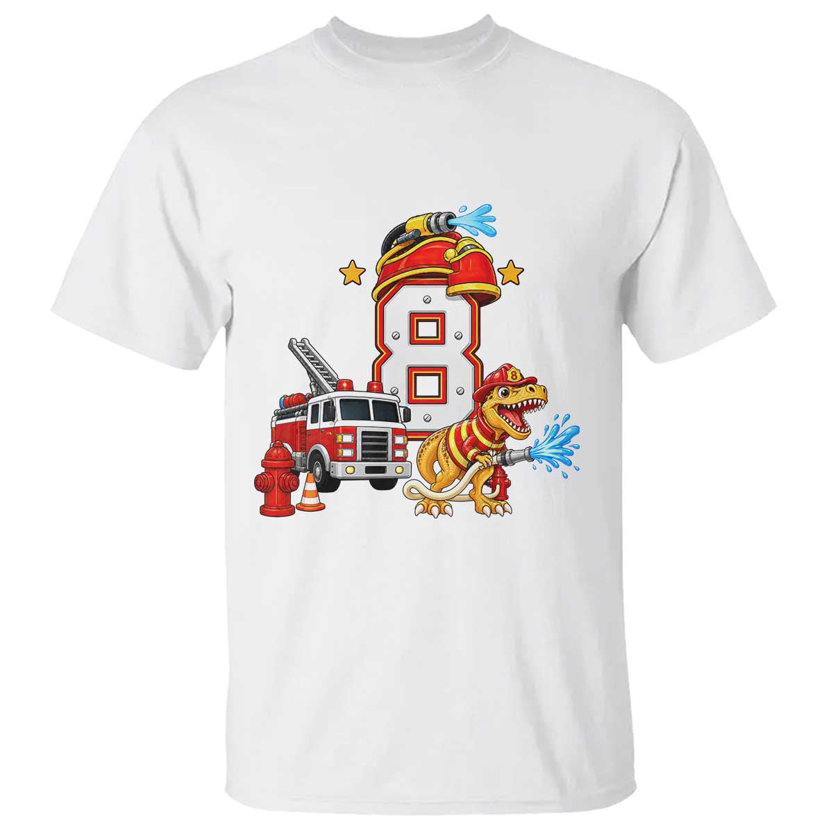 8th Birthday Firefighter Dinosaur T Shirt Fire Engine Eight Year Old Party Kids