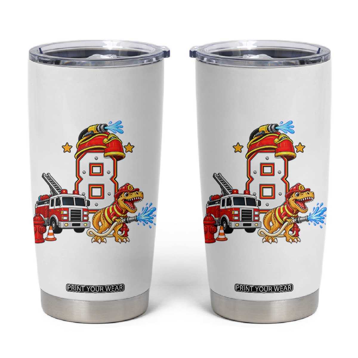 8th Birthday Firefighter Dinosaur Tumbler Cup Fire Engine Eight Year Old Party Kids