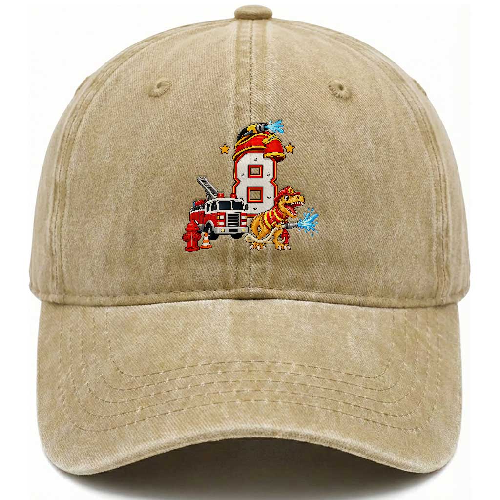 8th Birthday Firefighter Dinosaur Washed Cotton Baseball Cap Fire Engine Eight Year Old Party Kids