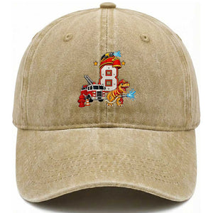8th Birthday Firefighter Dinosaur Washed Cotton Baseball Cap Fire Engine Eight Year Old Party Kids