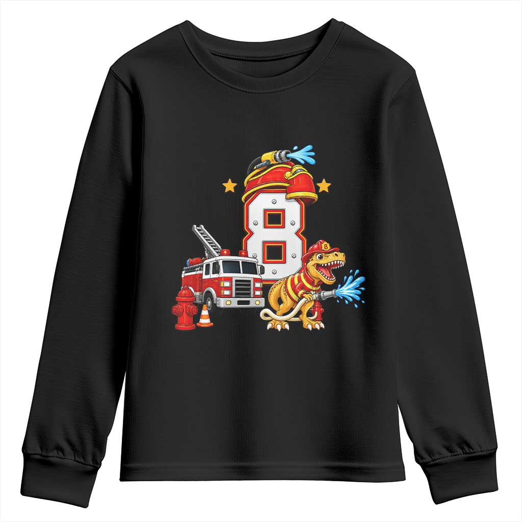 8th Birthday Firefighter Dinosaur Youth Sweatshirt Fire Engine Eight Year Old Party Kids
