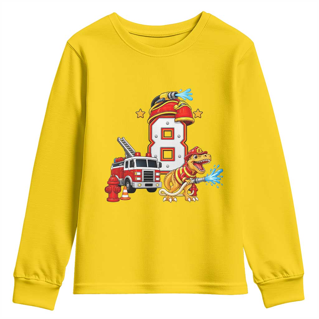 8th Birthday Firefighter Dinosaur Youth Sweatshirt Fire Engine Eight Year Old Party Kids