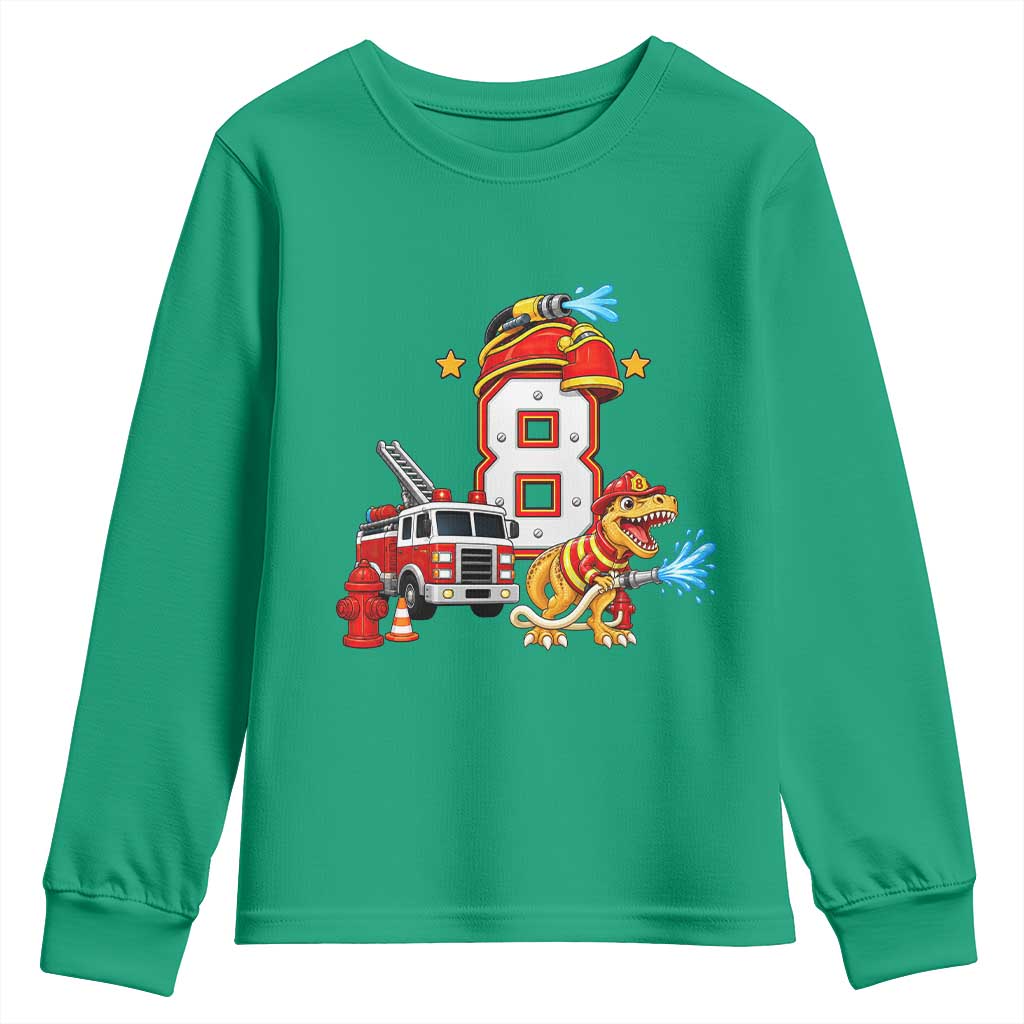 8th Birthday Firefighter Dinosaur Youth Sweatshirt Fire Engine Eight Year Old Party Kids