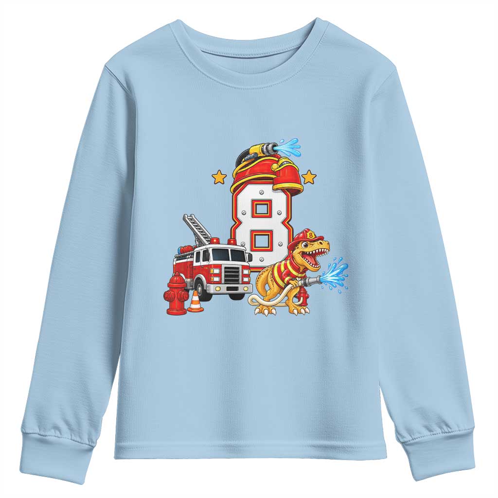 8th Birthday Firefighter Dinosaur Youth Sweatshirt Fire Engine Eight Year Old Party Kids