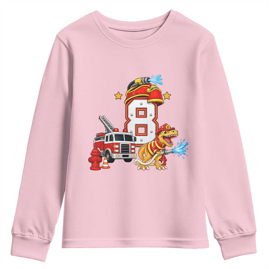 8th Birthday Firefighter Dinosaur Youth Sweatshirt Fire Engine Eight Year Old Party Kids