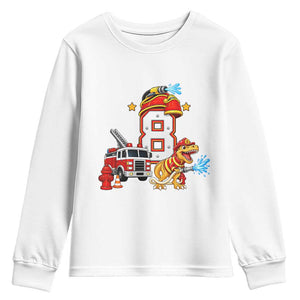 8th Birthday Firefighter Dinosaur Youth Sweatshirt Fire Engine Eight Year Old Party Kids