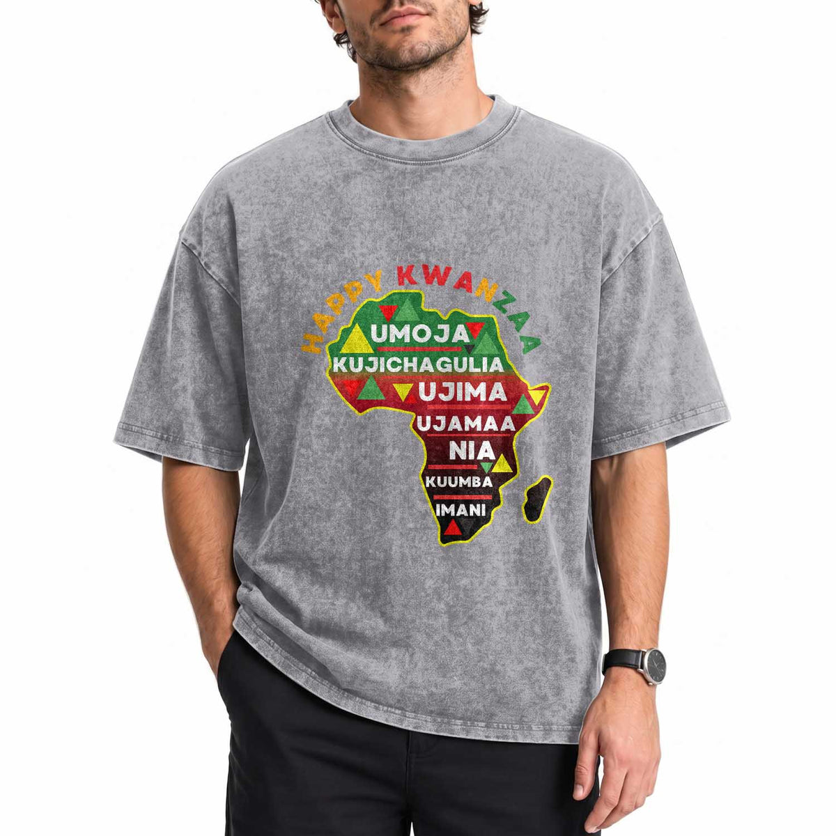 Happy Kwanzaa African Map Washed Cotton T-Shirt Nguzo Saba Seven Principles African Heritage Gift