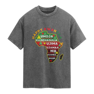 Happy Kwanzaa African Map Washed Cotton T-Shirt Nguzo Saba Seven Principles African Heritage Gift