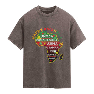 Happy Kwanzaa African Map Washed Cotton T-Shirt Nguzo Saba Seven Principles African Heritage Gift