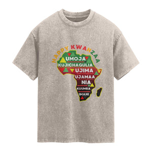 Happy Kwanzaa African Map Washed Cotton T-Shirt Nguzo Saba Seven Principles African Heritage Gift