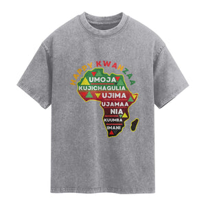 Happy Kwanzaa African Map Washed Cotton T-Shirt Nguzo Saba Seven Principles African Heritage Gift