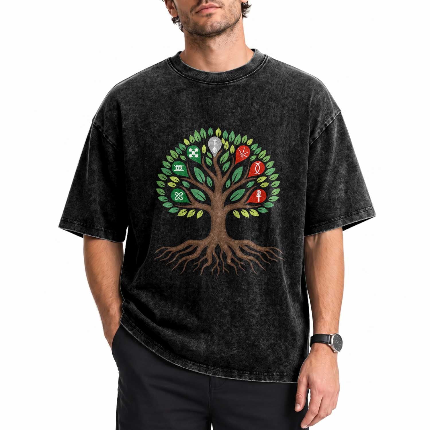Seven Candles Of Kwanzaa Tree Of Life Washed Cotton T-Shirt African Heritage Gift