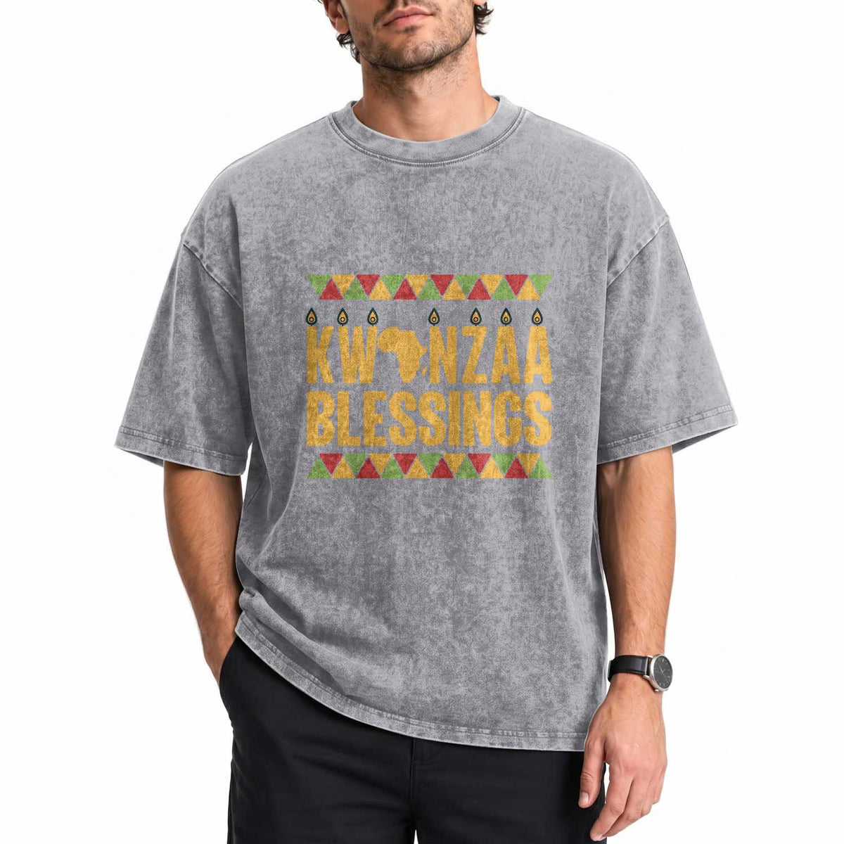 Kwanzaa Blessings Washed Cotton T-Shirt Kinara Light African Heritage Gift