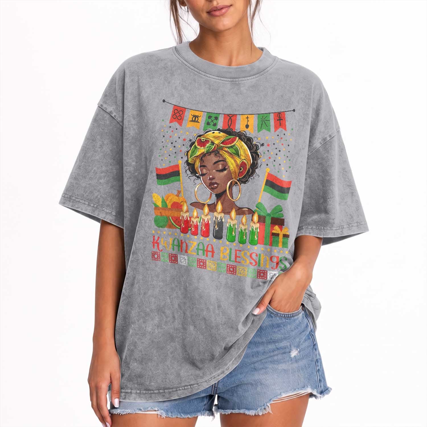 Kwanzaa Blessings African Woman Washed Cotton T-Shirt Umoja Seven Principles Family Gift