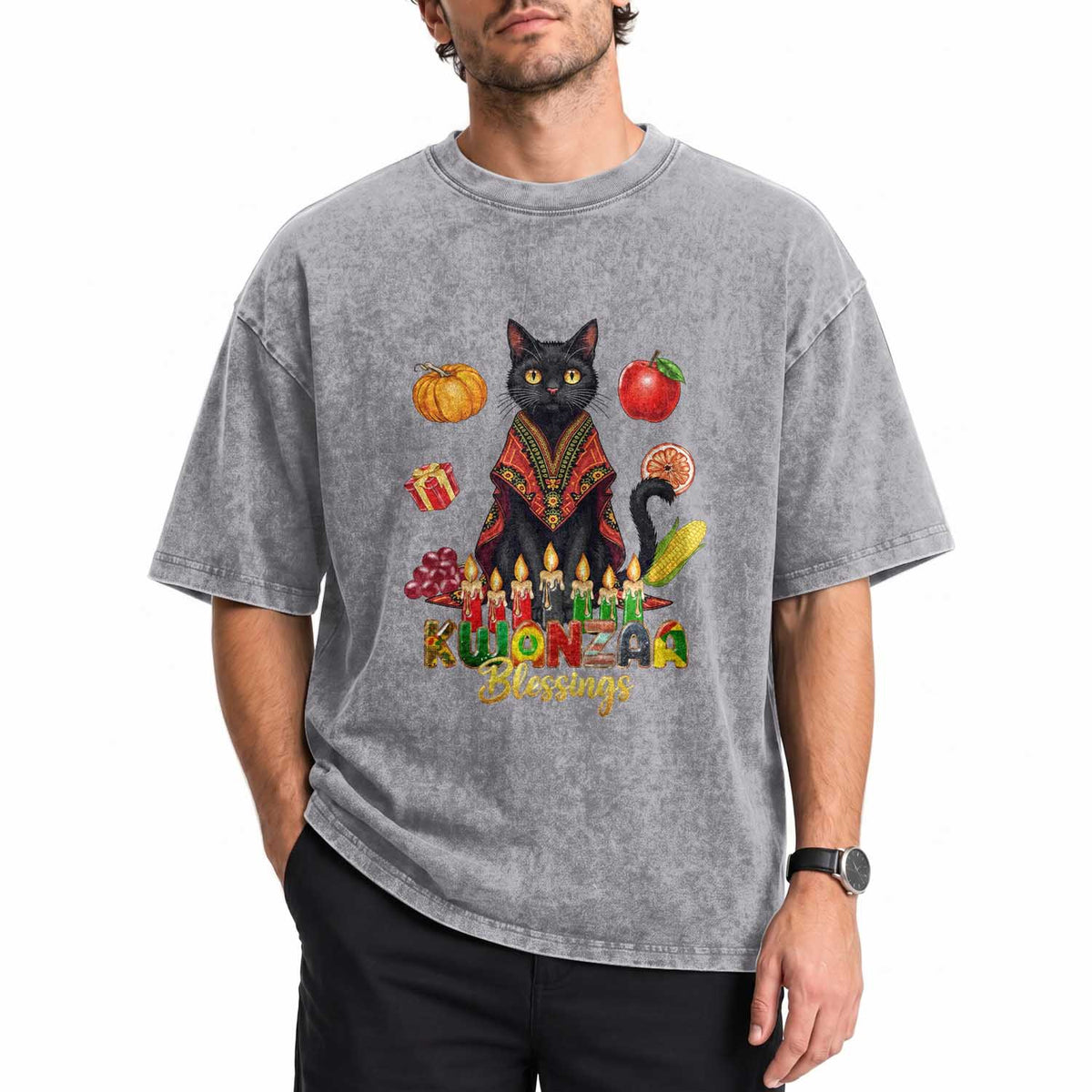 Kwanzaa Blessings Washed Cotton T-Shirt Funny Cat African Heritage Gift