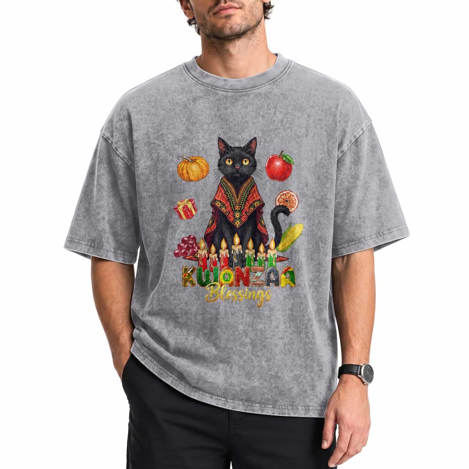 Kwanzaa Blessings Washed Cotton T-Shirt Funny Cat African Heritage Gift