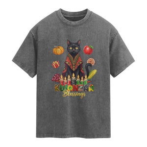 Kwanzaa Blessings Washed Cotton T-Shirt Funny Cat African Heritage Gift