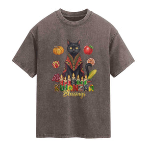 Kwanzaa Blessings Washed Cotton T-Shirt Funny Cat African Heritage Gift