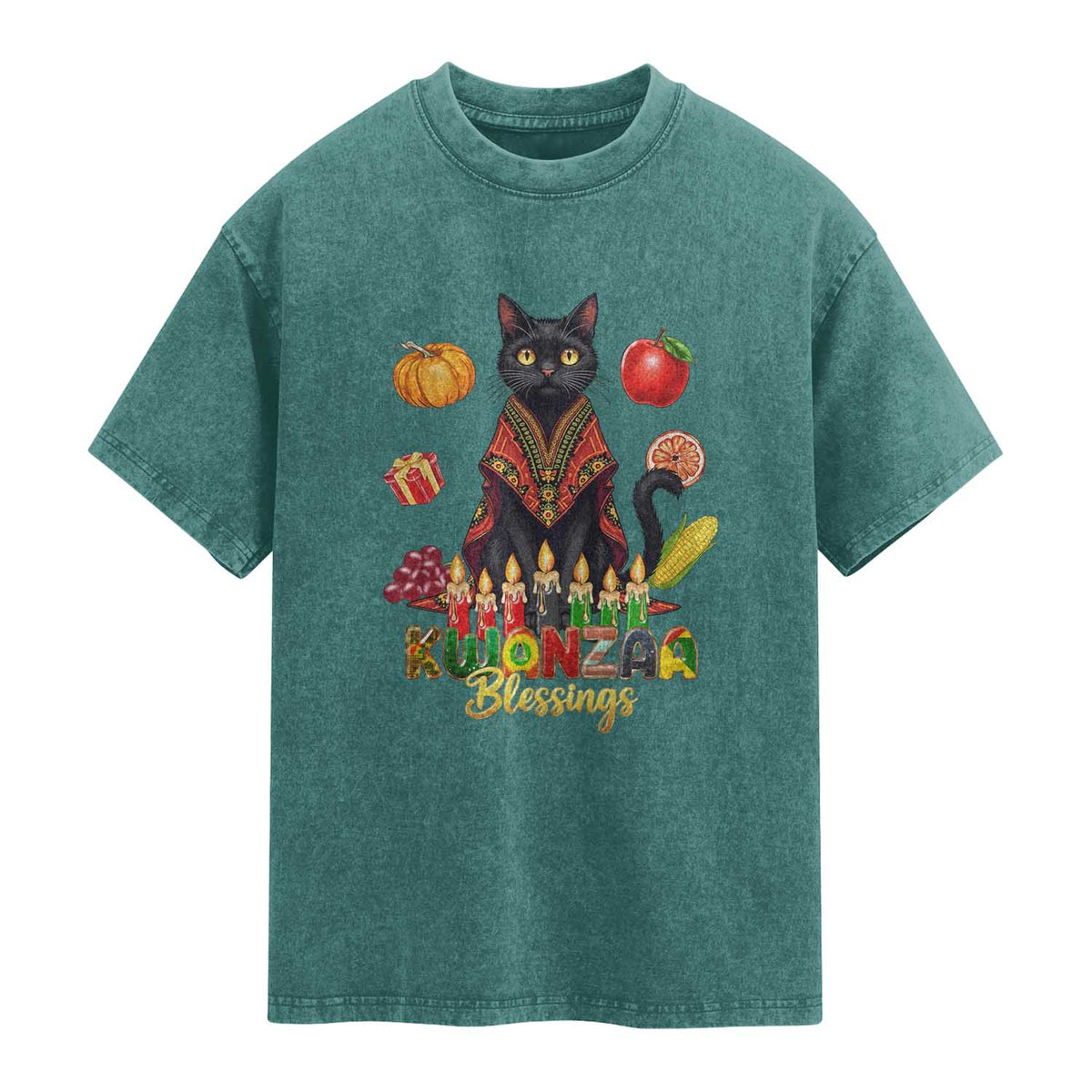 Kwanzaa Blessings Washed Cotton T-Shirt Funny Cat African Heritage Gift