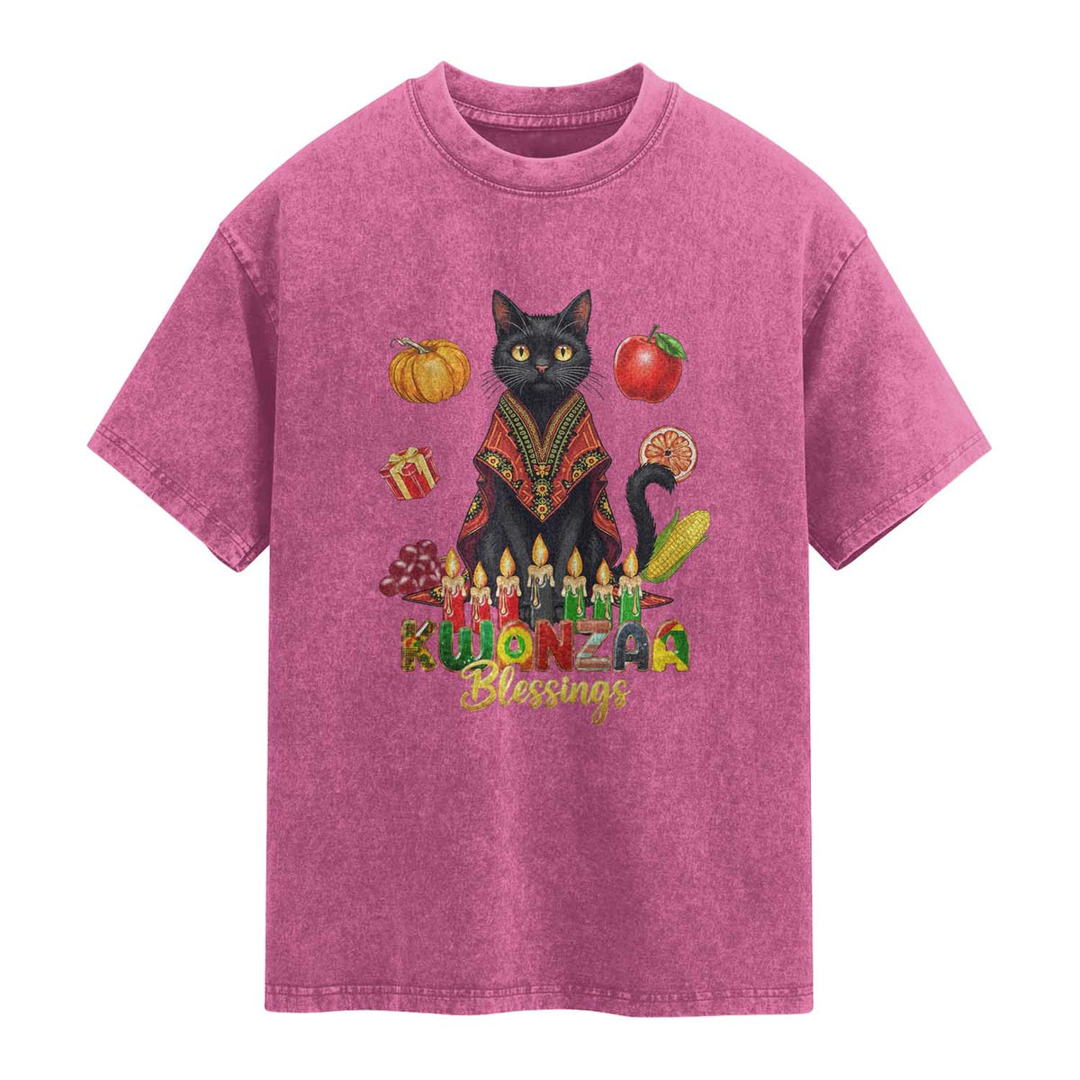 Kwanzaa Blessings Washed Cotton T-Shirt Funny Cat African Heritage Gift