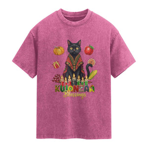 Kwanzaa Blessings Washed Cotton T-Shirt Funny Cat African Heritage Gift