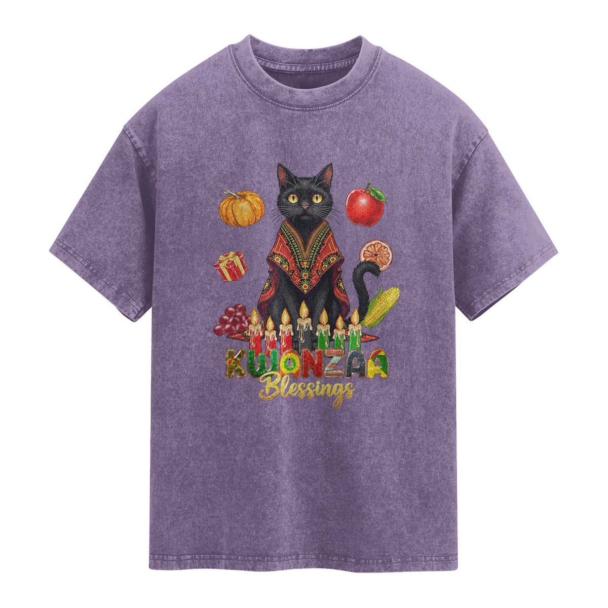 Kwanzaa Blessings Washed Cotton T-Shirt Funny Cat African Heritage Gift
