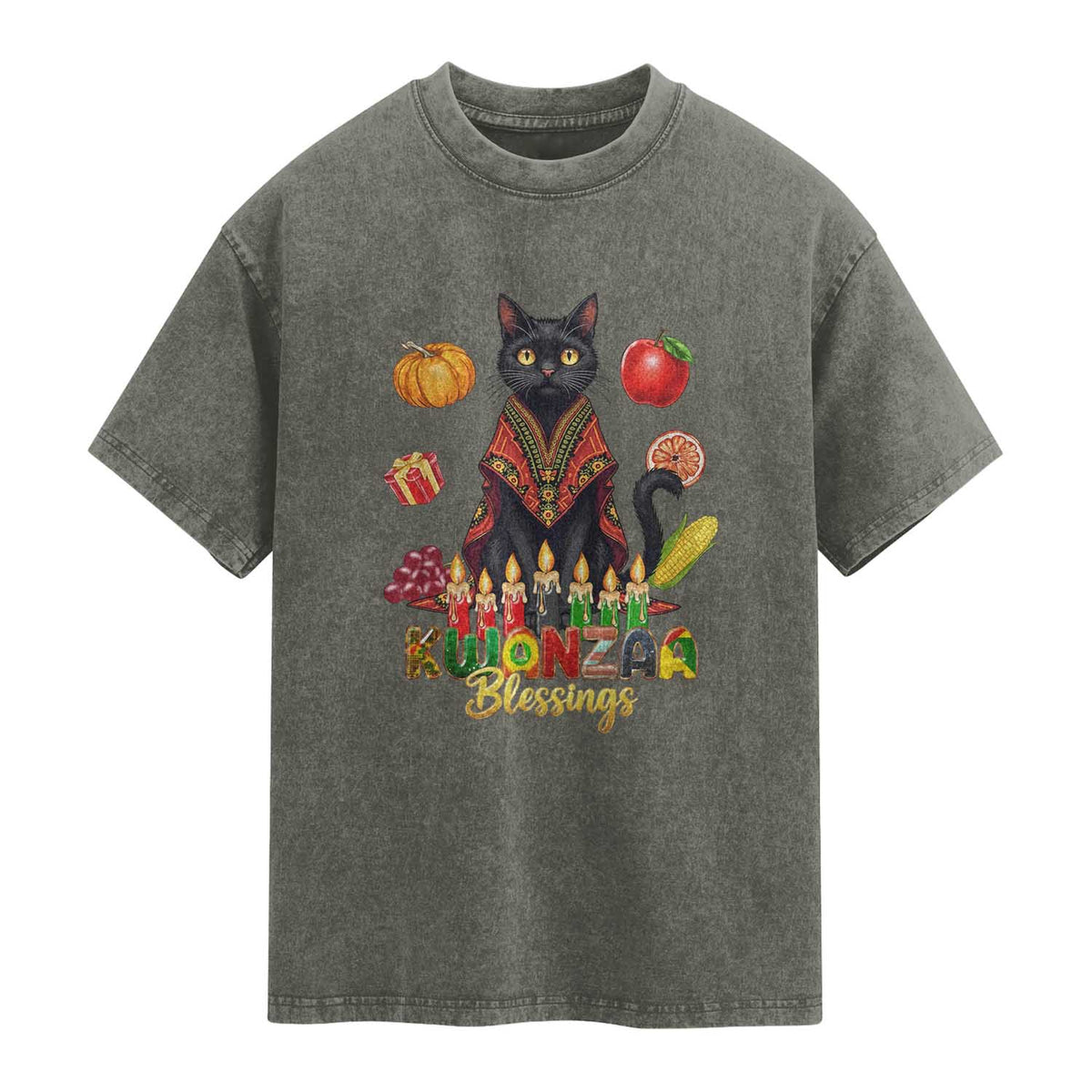 Kwanzaa Blessings Washed Cotton T-Shirt Funny Cat African Heritage Gift