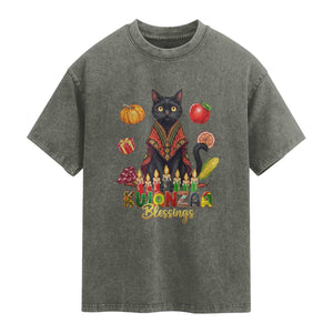Kwanzaa Blessings Washed Cotton T-Shirt Funny Cat African Heritage Gift